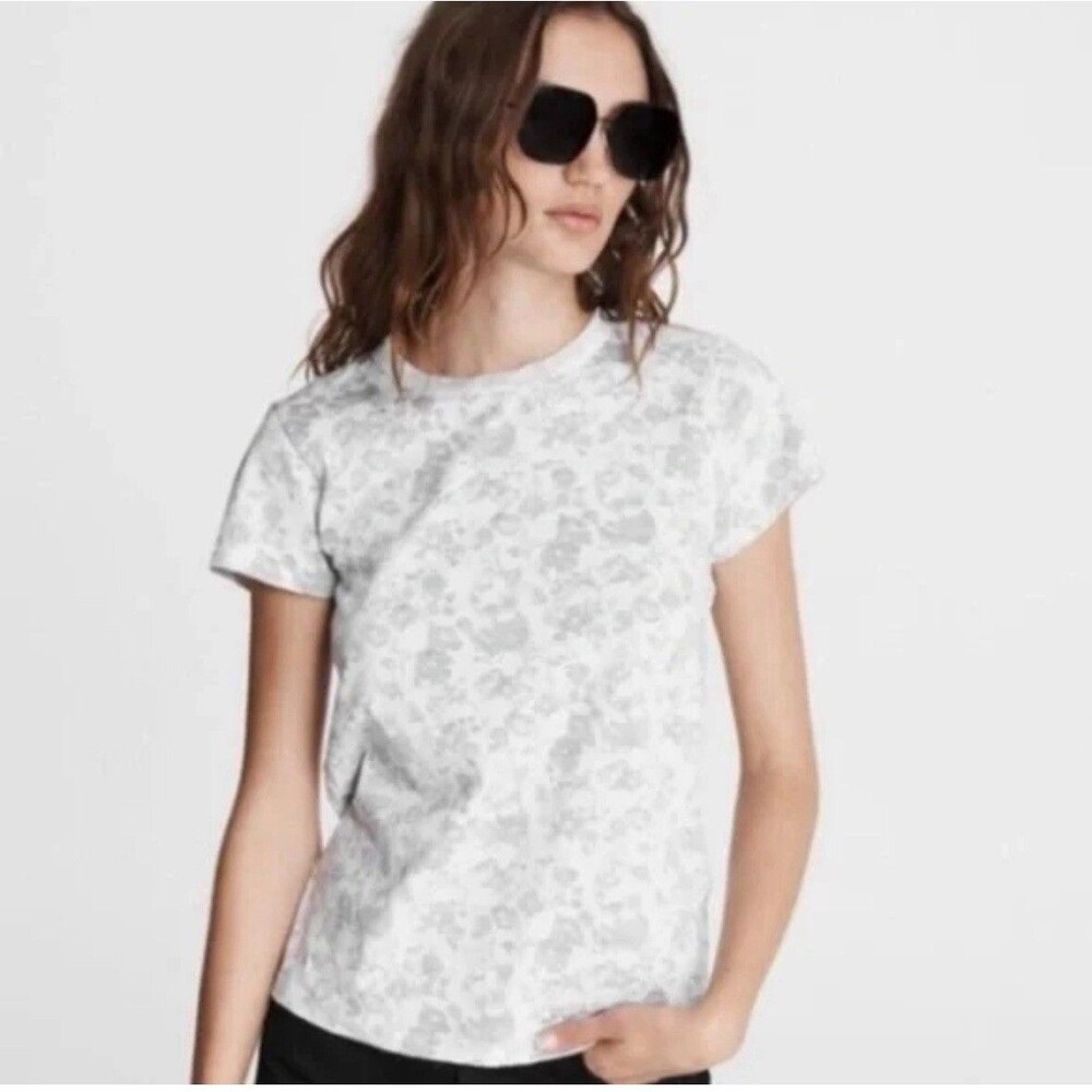 RAG & BONE Julie Floral Cotton T Shirt, XS, Black White